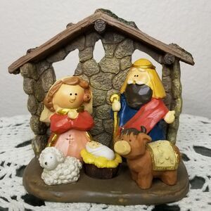 CHRISTMAS Miniature Nativity Set Joseph‎ Mary Baby Jesus Lamb Donkey Stab…